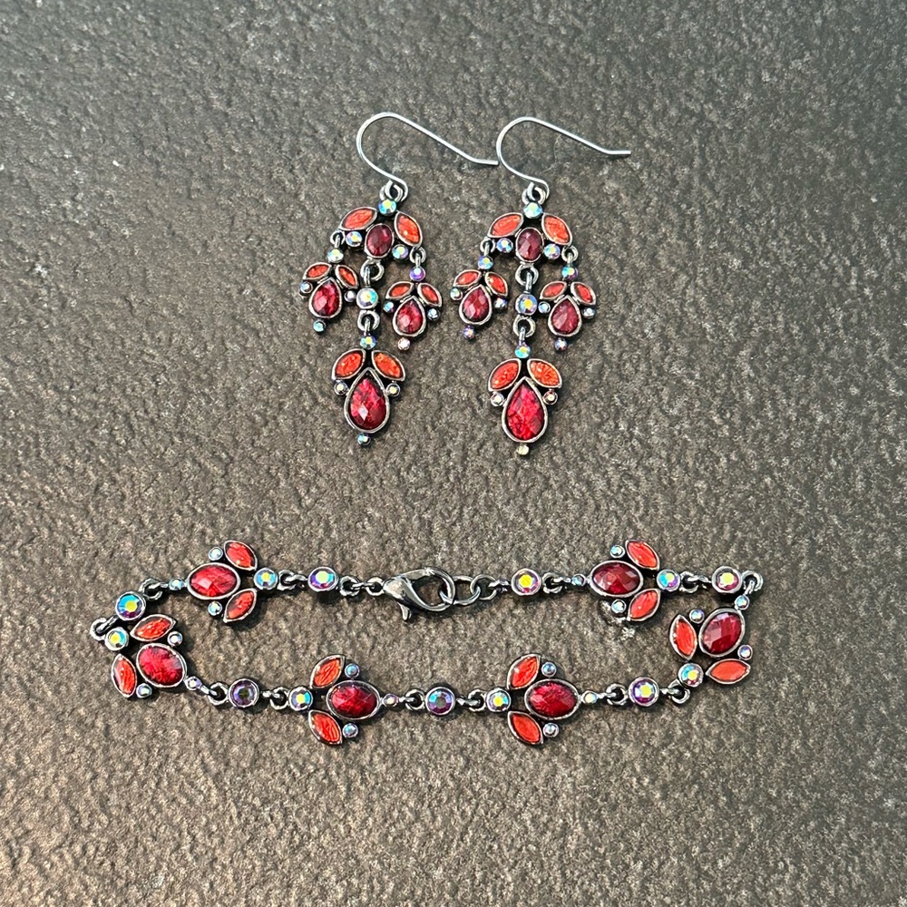 Anne Klein Red Rhinestone Dangle Earrings and Bracelet Set
